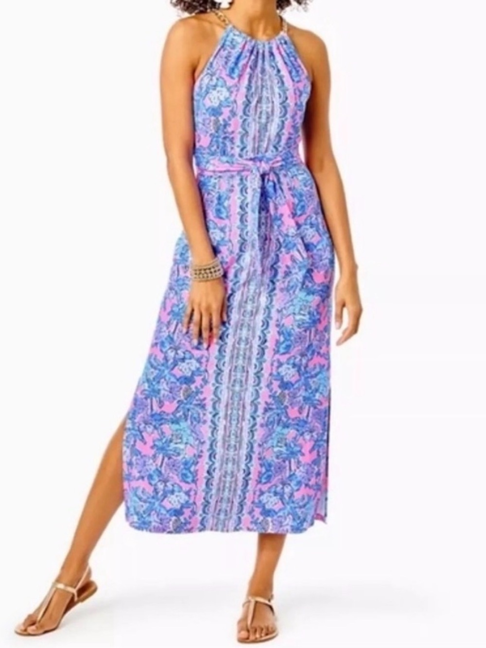 Lilly Pulitzer Pink Balm Halter Tie-Waist Midi Dress
